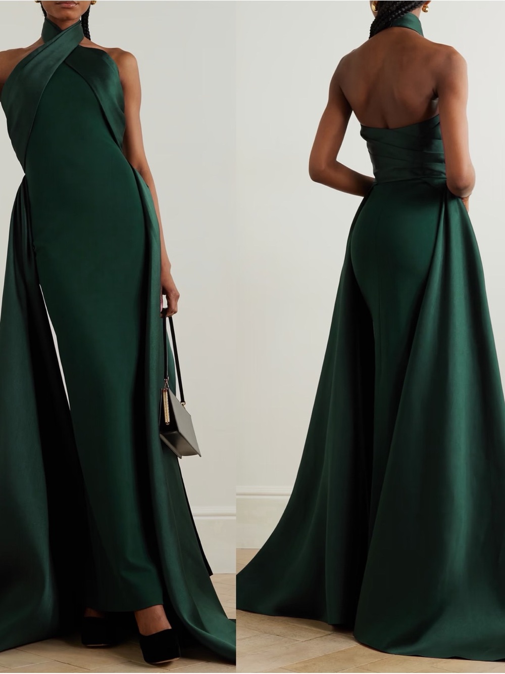 Solace London Rumi Emerald Green Satin Twill Crepe Halterneck Gonwn Size 6